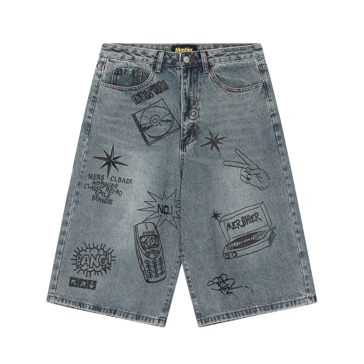 Men's Clothing Summer Retro Graffiti Cropped Jeans Men's Street High Waisted Wide Leg Shorts Couple_mkmklike.com
