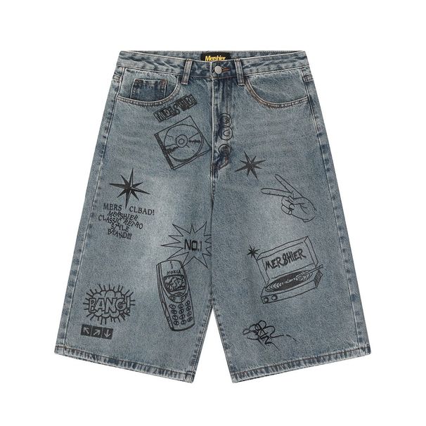 Men's Clothing Summer Retro Graffiti Cropped Jeans Men's Street High Waisted Wide Leg Shorts Couple_mkmklike.com