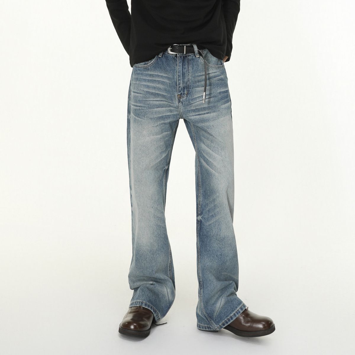 Men's Clothing Vintage American Wash Straight-Leg Jeans – Distressed Cat Whisker Fading, Relaxed Fit & High Cotton Content, Oversized Silhouette_mkmklike.com