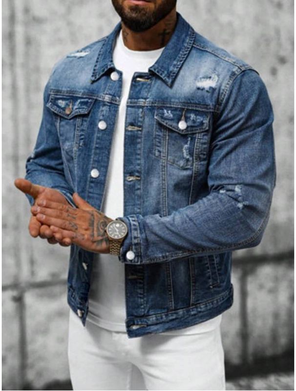 Men's Slim Fit Denim Jacket Spring Versatile With Slight Stretch Polyester Fabric_mkmklike.com