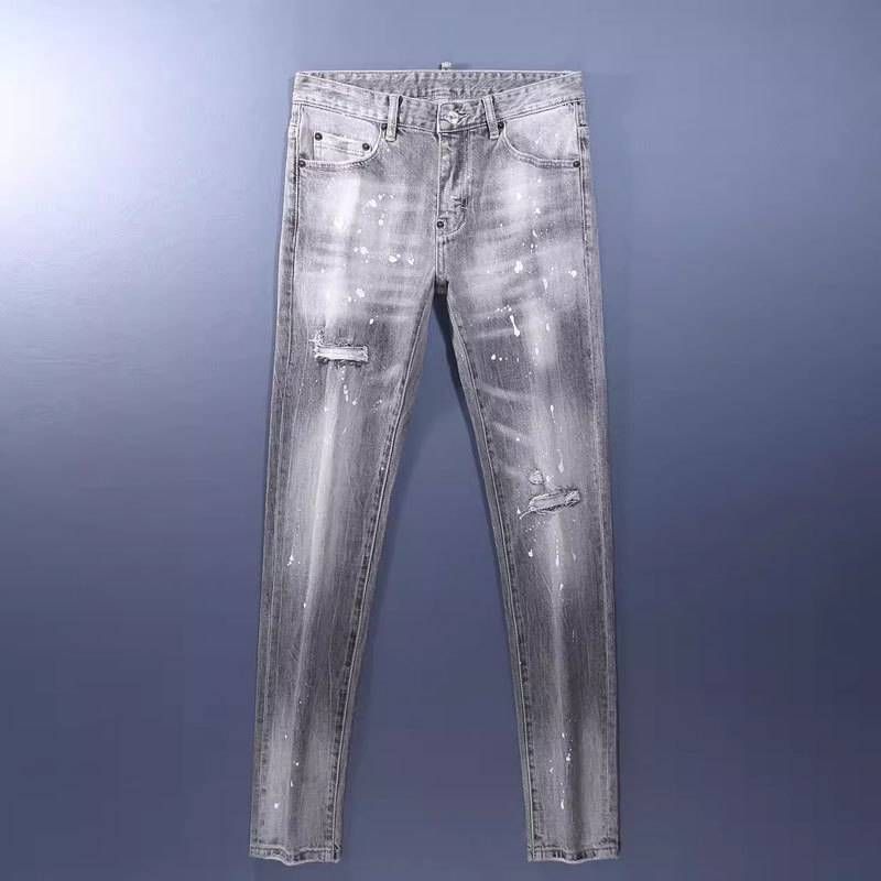 Men's Grunge Gray Jeans Paint Splatter Patchwork Distressed Ripped Denim Pants Slim Skinny Fit for Urban Artistic Style_mkmklike.com