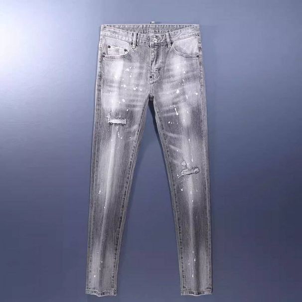 Men's Grunge Gray Jeans Paint Splatter Patchwork Distressed Ripped Denim Pants Slim Skinny Fit for Urban Artistic Style_mkmklike.com