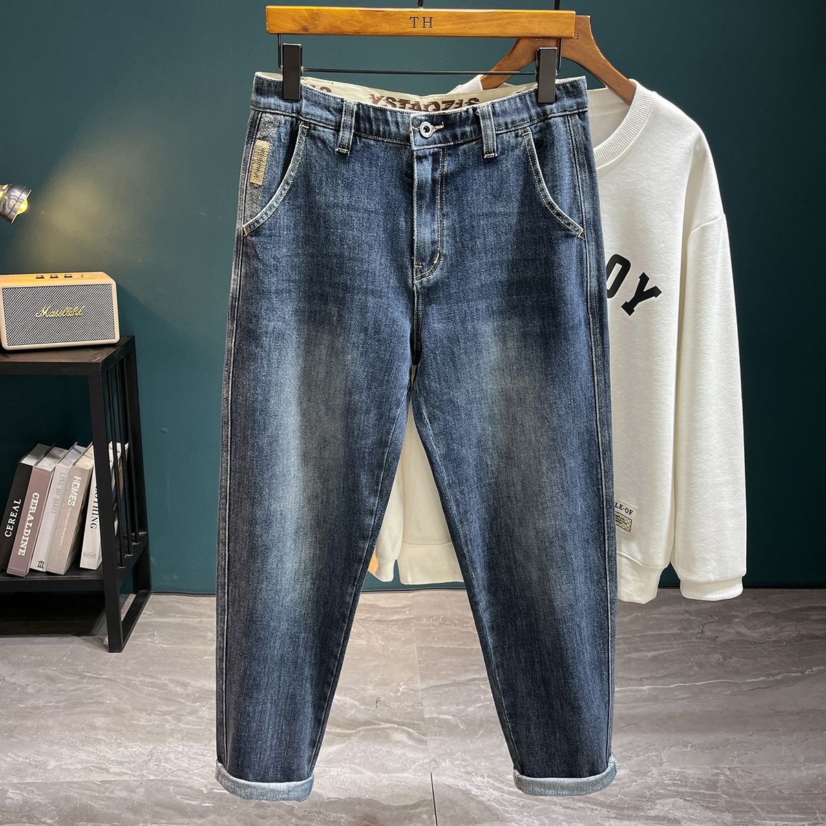 New Multifunctional Rubber Band Waist Cone Stacked Jeans Men's Fattened Plus Size Badge Retro Denim Trousers Men's_mkmklike.com