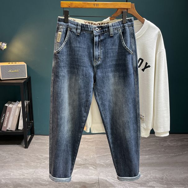 New Multifunctional Rubber Band Waist Cone Stacked Jeans Men's Fattened Plus Size Badge Retro Denim Trousers Men's_mkmklike.com