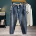 New Multifunctional Rubber Band Waist Cone Stacked Jeans Men's Fattened Plus Size Badge Retro Denim Trousers Men's_mkmklike.com