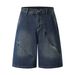 Men's Clothing Zipper Denim Shorts Loose Retro Distressed Blue Straight Shorts_mkmklike.com
