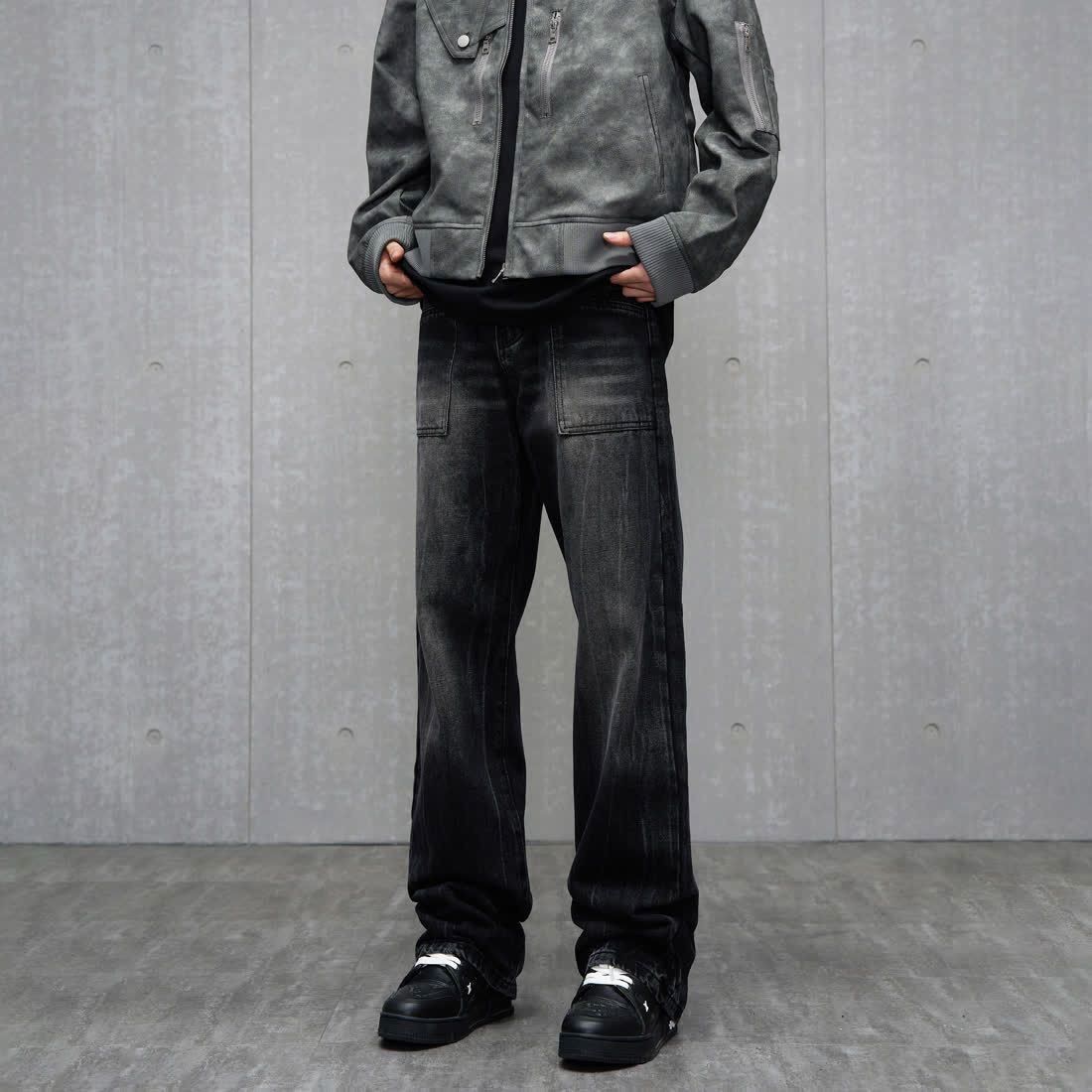 Retro American Style Washed Black Straight Leg Jeans, Loose High Street Workwear, Vibe Street Design Pants_mkmklike.com