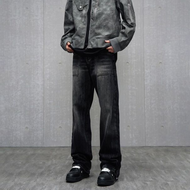 Retro American Style Washed Black Straight Leg Jeans, Loose High Street Workwear, Vibe Street Design Pants_mkmklike.com