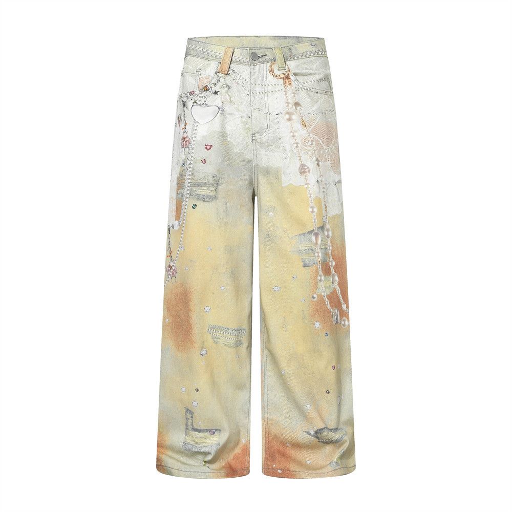 Punk Chain 3D Digital Print Wide-Leg Jeans Men's Street Style Tie-Dye Vintage Niche Straight-Leg Pants_mkmklike.com