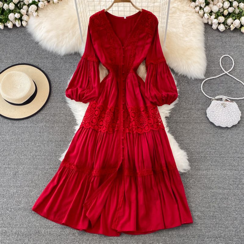 Women Lantern sleeve V-neck red dress_mkmklike.com