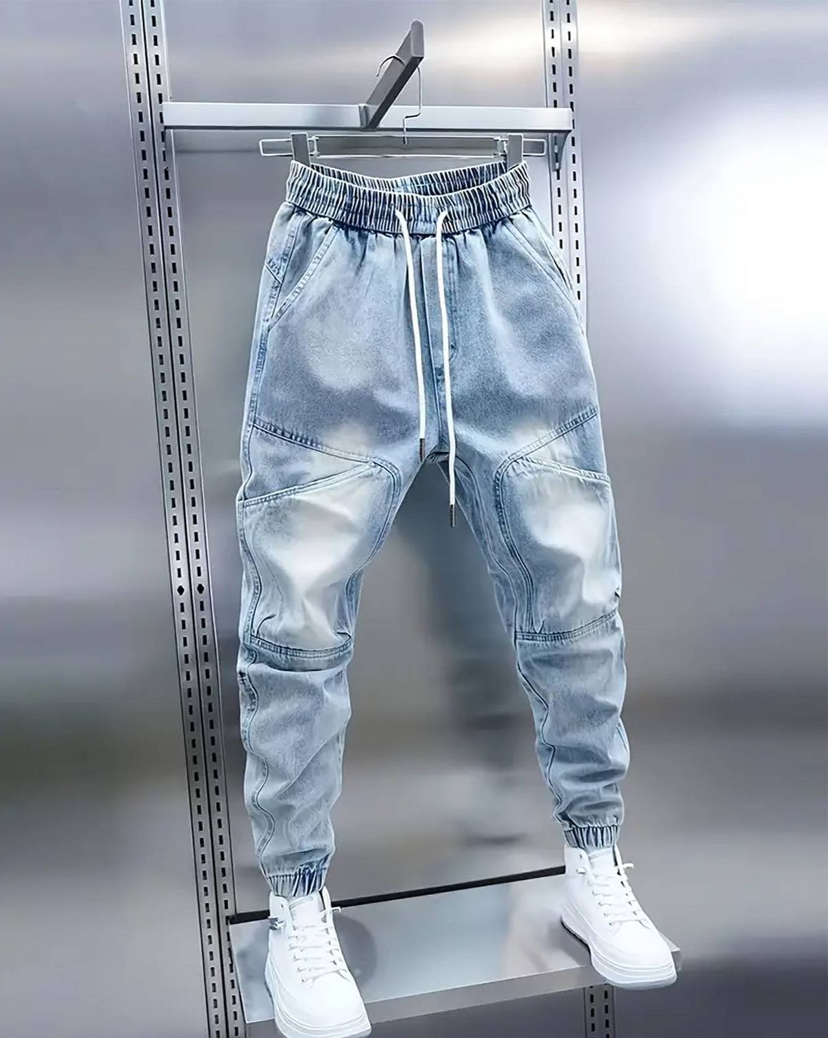 Men's Clothing New Light Blue Elastic Knee Drawstring Cargo Jeans For Men, Spring/Summer Style_mkmklike.com