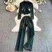 Korean Style V-Neck Suit Set – Slimming Metal Button Jacket & Flared Denim Pants For Women_mkmklike.com