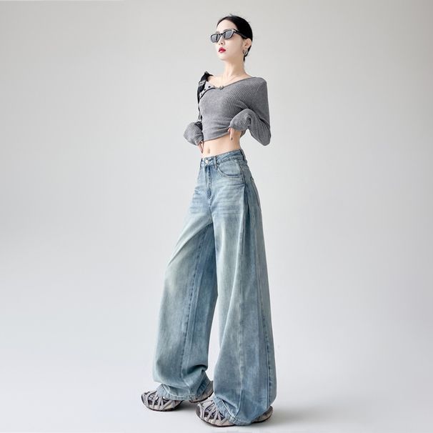 High Waist Loose Washed Jeans For Women Slimming Draped Straight Floor-Length Wide-Leg Blue Long Pants_mkmklike.com