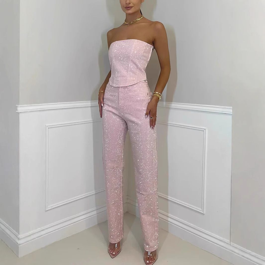 Women's Clothing Sexy Off Shoulder Shiny Vest Diamond Trousers Suit Two Piece Suit_mkmklike.com