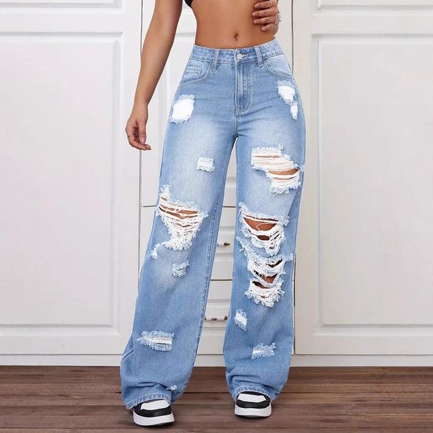 European And American Cross-Border Trade Ripped Jeans Washed High Waist Straight Versatile Loose Denim Pants For Women_mkmklike.com