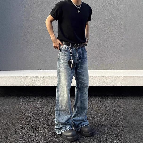 Men's Clothing Distressed Whiskered Dark Blue Jeans Distressed Whisker Dark Blue Cleanfit Jeans Slim Straight Leg With Subtle Flare Retro Denim Pants_mkmklike.com