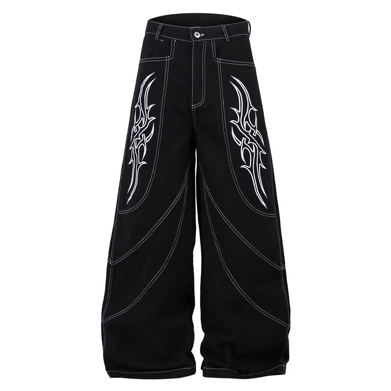 Heavy Ruffian Handsome Cultural Totem Wings Embroidered Wide-leg Pants Scimitar Jeans Men_mkmklike.com