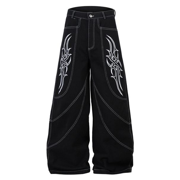 Heavy Ruffian Handsome Cultural Totem Wings Embroidered Wide-leg Pants Scimitar Jeans Men_mkmklike.com