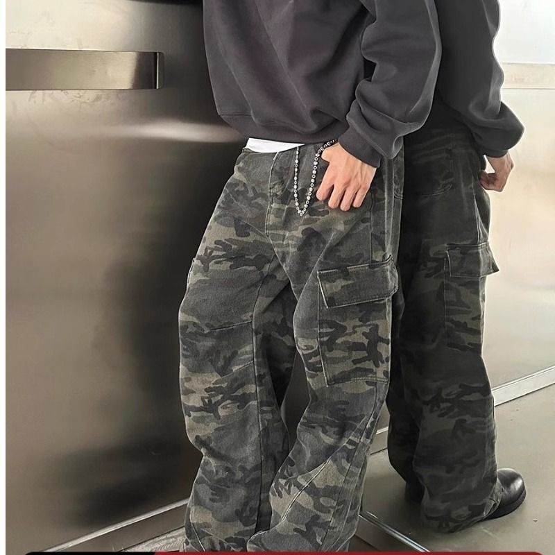 Men's Camo Cargo Jeans – Relaxed Straight-Leg Military Pants (Mid-Rise, Zip Fly, Lightweight For Spring)_mkmklike.com