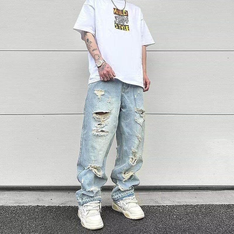 Loom 2023 Retro Washed Distressed Ripped Jeans For Men Ins European And American High Street Straight Long Pants Trend_mkmklike.com