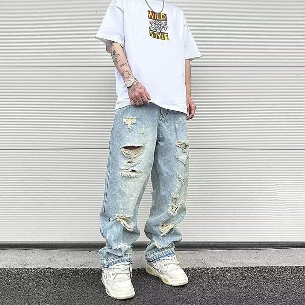 Loom 2023 Retro Washed Distressed Ripped Jeans For Men Ins European And American High Street Straight Long Pants Trend_mkmklike.com