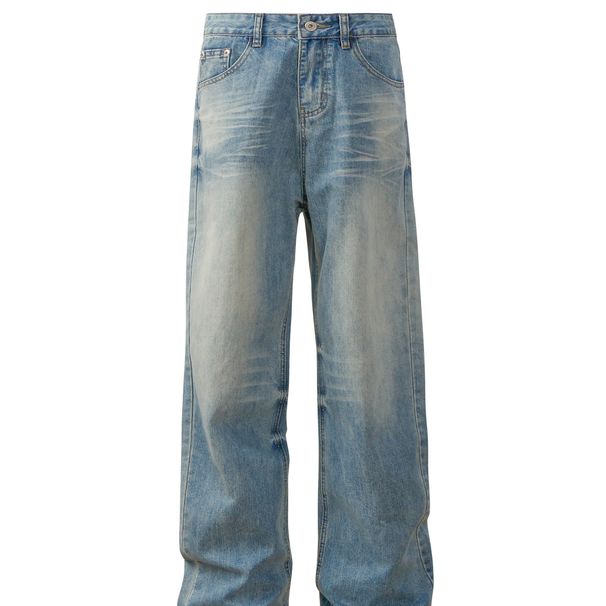 Men's Clothing Retro Washed Cat Whisker Clean Fit Straight Wide Leg Jeans Trendy Men And Women Loose Casual Trousers_mkmklike.com