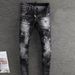 Men's Clothing Fashion Retro Men's Ripped Jeans Old Black And Gray Paint Printing And Dyeing Slightly Elastic Slim Fitting Skinny Jeans For Men_mkmklike.com