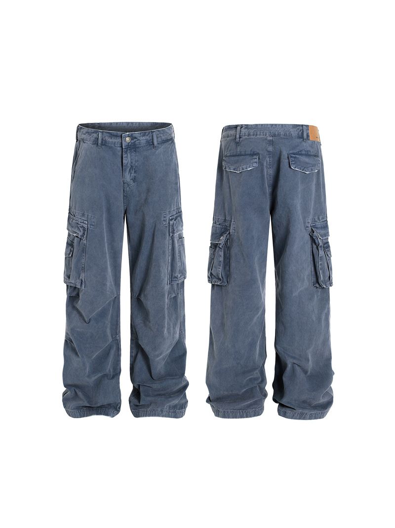 Vintage French Blue Overalls – Men's Washed Denim Wide-Leg Trousers With Retro Workwear Style_mkmklike.com