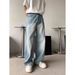 Light Blue Wide Leg Jeans Men's Trendy Loose Straight Leg Drape Trousers mid Waist Zipper Fly Cotton Spring Summer New_mkmklike.com