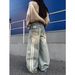 Retro Washed Distressed Jeans Wide Leg Floor Length Patchwork Webbing Curved Blade Design Men's And Women's Denim Pants_mkmklike.com