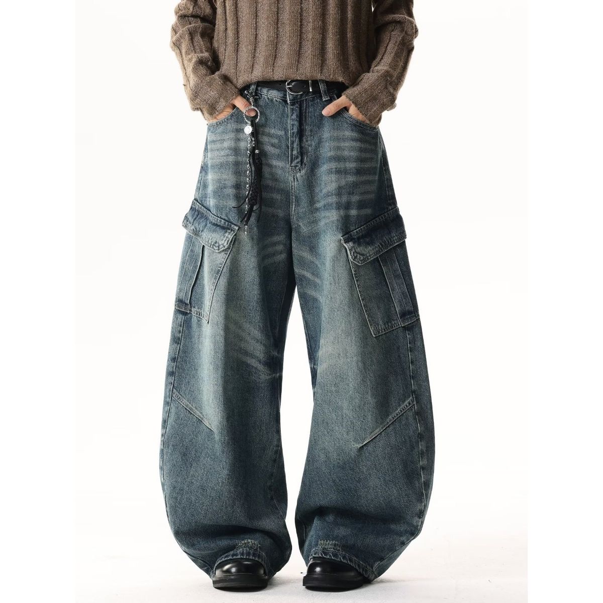 Men's Clothing Men's Distressed Cargo Jeans - Oversized Streetwear Denim Pants With Multi-Pockets & Patchwork Design (Blue/Vintage Blue)_mkmklike.com