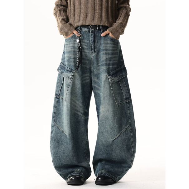 Men's Clothing Men's Distressed Cargo Jeans - Oversized Streetwear Denim Pants With Multi-Pockets & Patchwork Design (Blue/Vintage Blue)_mkmklike.com