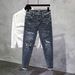 Thin Light Blue Washed Stretch Slim Fit Cropped Jeans For Summer Ripped Hem Trendy Casual Jeans_mkmklike.com