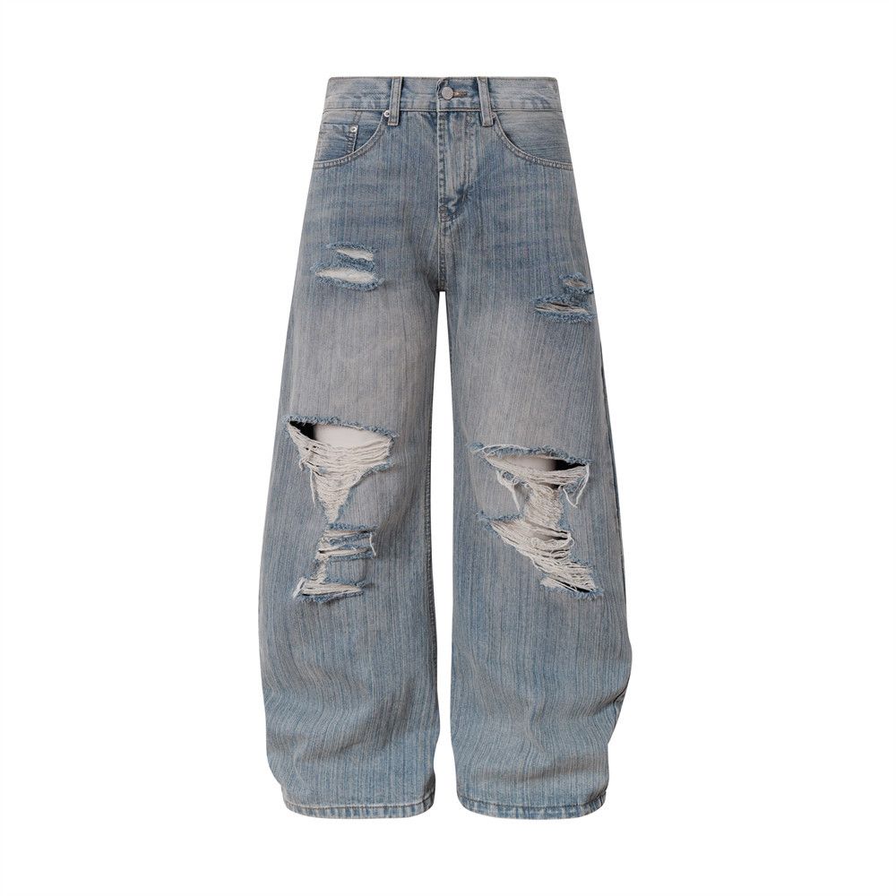 Street Style Washed Distressed Jeans For Men Loose Fit Scimitar Pants Beggar Vintage Punk Wide-Leg Trousers_mkmklike.com