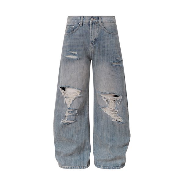 Street Style Washed Distressed Jeans For Men Loose Fit Scimitar Pants Beggar Vintage Punk Wide-Leg Trousers_mkmklike.com