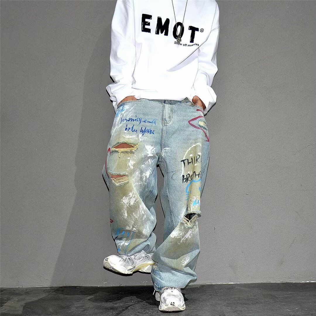 Men's Clothing Vibe High Street Personality Graffiti Loose Ripped Beggar Jeans Men's Niche Cool Wide Leg Trousers_mkmklike.com