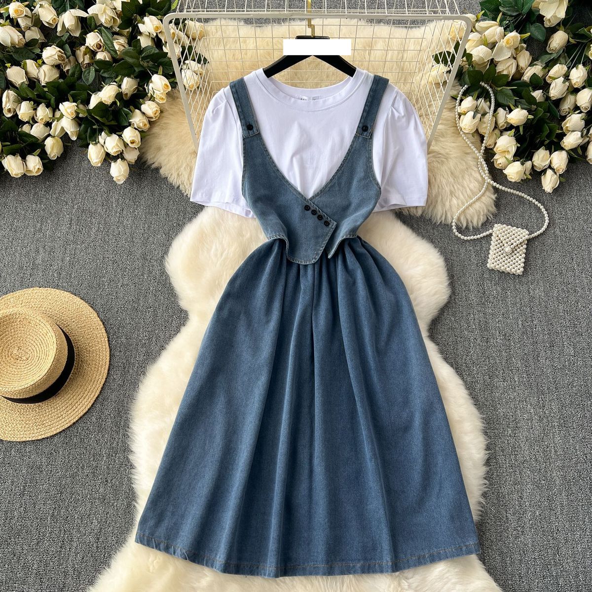 Women's Niche Design, Round Neck, Puff Sleeves, Patchwork Waist, Denim Skirt, Long Skirt_mkmklike.com