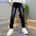 Slim Fit Stretch Denim Jeans For Men With Side Zipper - Black & Grey Washed Straight Leg Trousers_mkmklike.com