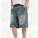 Unisex Retro Washed Denim Shorts Casual Loose Wide Leg Five Point Pants Reverse Design Street Style_mkmklike.com