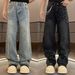 Premium Washed Denim Jeans For Men – Relaxed Straight Fit With Chain & Pearl Embellishments (Black/Blue)_mkmklike.com