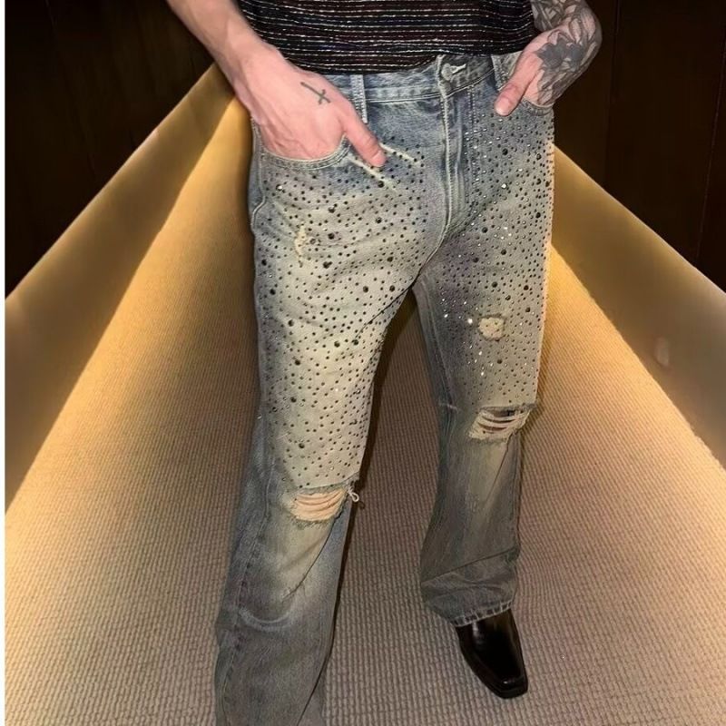 Luxury Slim Fit Straight Leg Jeans For Men Mid-Waist Stretch Rhinestones Detail Spring Summer Trendy Long Cotton Pants_mkmklike.com