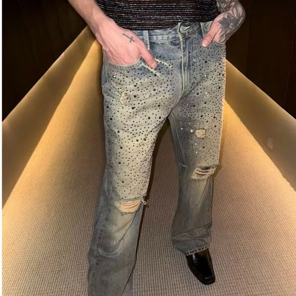 Luxury Slim Fit Straight Leg Jeans For Men Mid-Waist Stretch Rhinestones Detail Spring Summer Trendy Long Cotton Pants_mkmklike.com