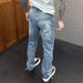 Men's High-Waisted Slim Fit Distressed Denim Jeans With Splash & Burn Design, Straight Leg, Classic Blue_mkmklike.com