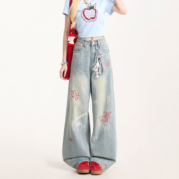 Han Niu Xintang American-style Fun Trendy Brand Washed Pants Versatile Straight Wide-leg Cartoon Embroidered Jeans For_mkmklike.com