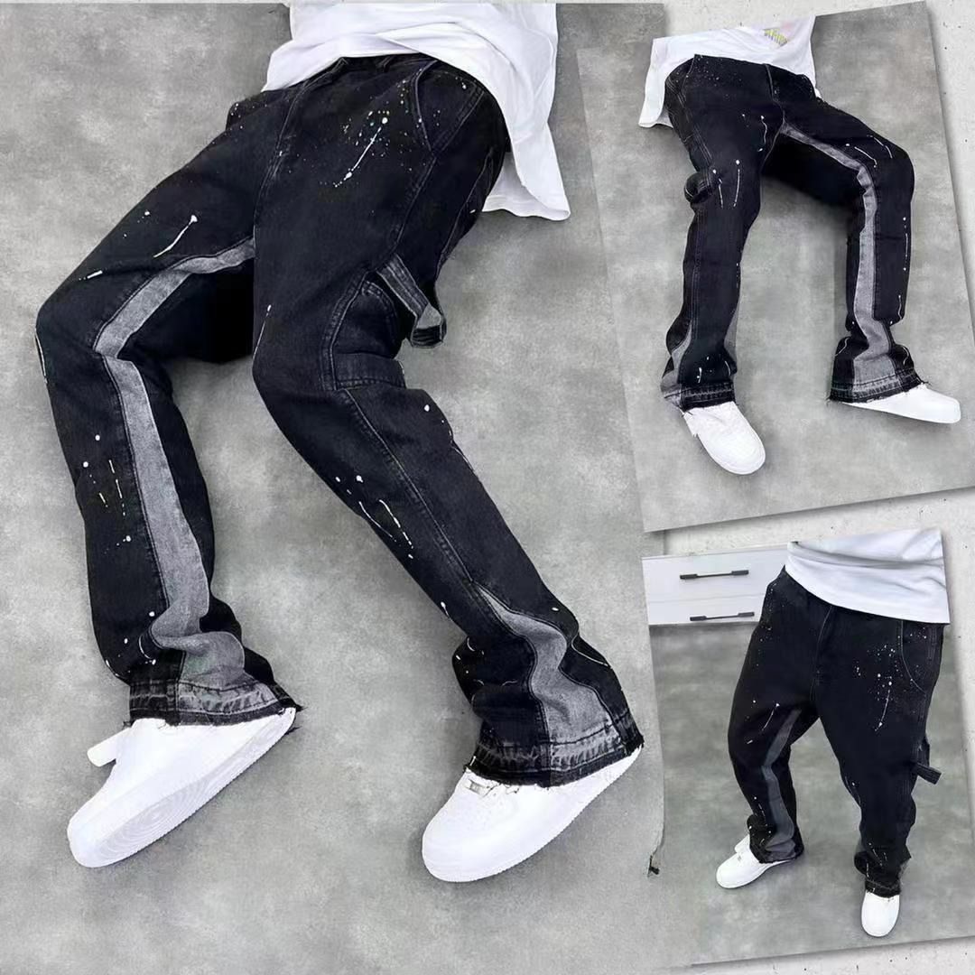 Men's Clothing High Street Trendy Splashed Ink Micro Flared Jeans Retro Vibe Style Loose Straight Casual Mopping Trousers_mkmklike.com