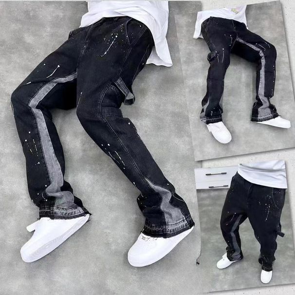 Men's Clothing High Street Trendy Splashed Ink Micro Flared Jeans Retro Vibe Style Loose Straight Casual Mopping Trousers_mkmklike.com