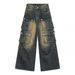 Men's Vintage Workwear Jeans - Loose Fit Straight Leg Denim Pants With Multiple Pockets, High Street Style, Washed & Distressed_mkmklike.com