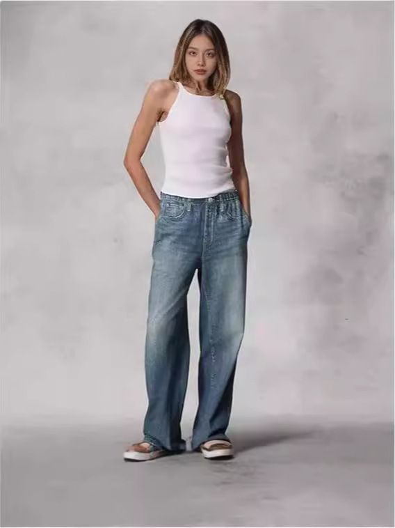 Vintage Mid-Rise Women's Jeans - High Waist Distressed Denim Pants With Wide Leg & Straight Fit, Retro Washed Blue & Light Wash (XS-2XL)_mkmklike.com