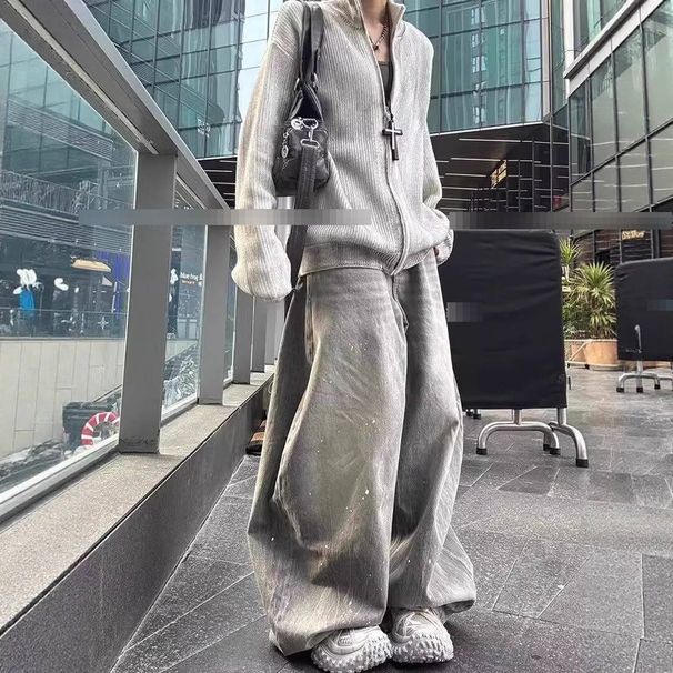 Streetwear Distressed Jeans – Vintage Washed Grey Paint Splatter & Wide-Leg Baggy Pants | Unisex 90s Grunge Aesthetic_mkmklike.com