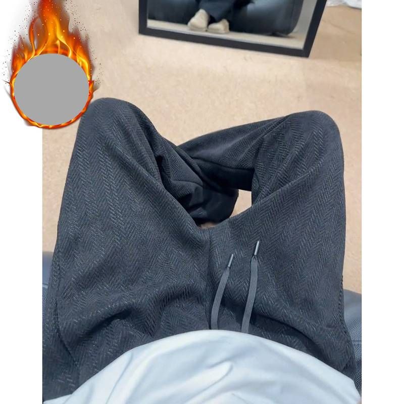 Men's Heavyweight Herringbone Pattern Fleece Lined Sweatpants Autumn Winter Thick American Style Loose Knit Curved Casual Pants_mkmklike.com
